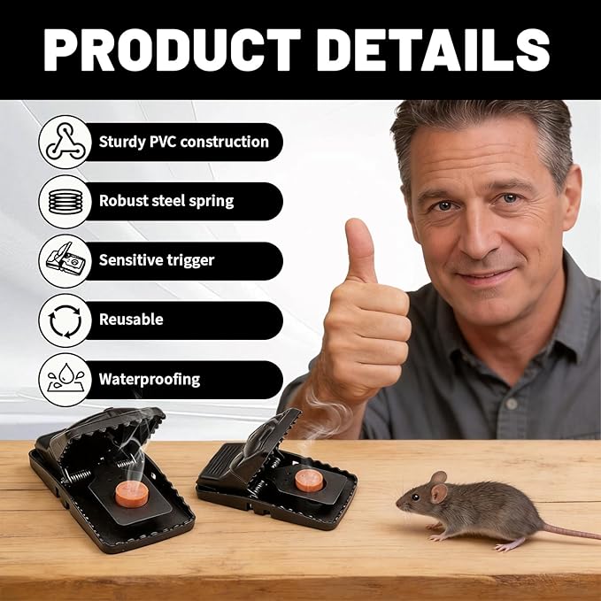 Mouse Traps 10 Pcs Reusable Rat Traps with Detachable Bait Cup High Sensitivity PVC Snap Traps with Sharp Teeth for Fast Kill Indoor and Outdoor (5.5x3.15x2.95)