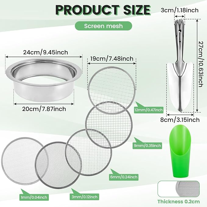 Soil Sifter Garden Sieve Soil Sieve Garden Soil Sifter Compost Sifter Bonsai Soil Sieve Rock Sifter Soil Sifter Fine Screens Shovel Set with 5 Interchangeable Filter Mesh Sizes 1/3/6/9/12mm