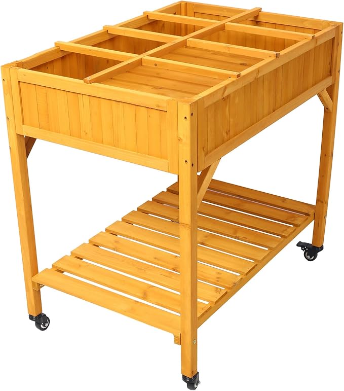 Raised Garden Bed Mobile Raised Customizable Wood Planter with Lockable Wheels Outdoor Elevated Planter Box Stand with Storage Shelf and Drainage Holes for Herbs Vegetables Flowers Brown