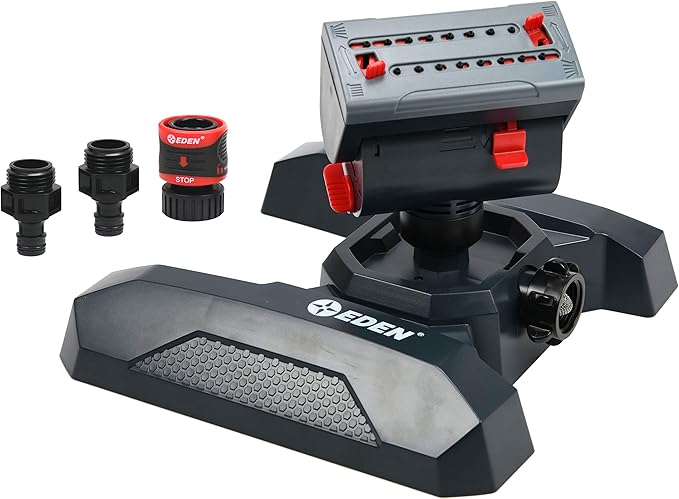 Eden 94125 Adjustable 4-Way Mini Turbo Oscillating Sprinkler W/Quick Connect Starter Set 16 Nozzle Covers up to 4069 sq. ft. Heavy Weight Base