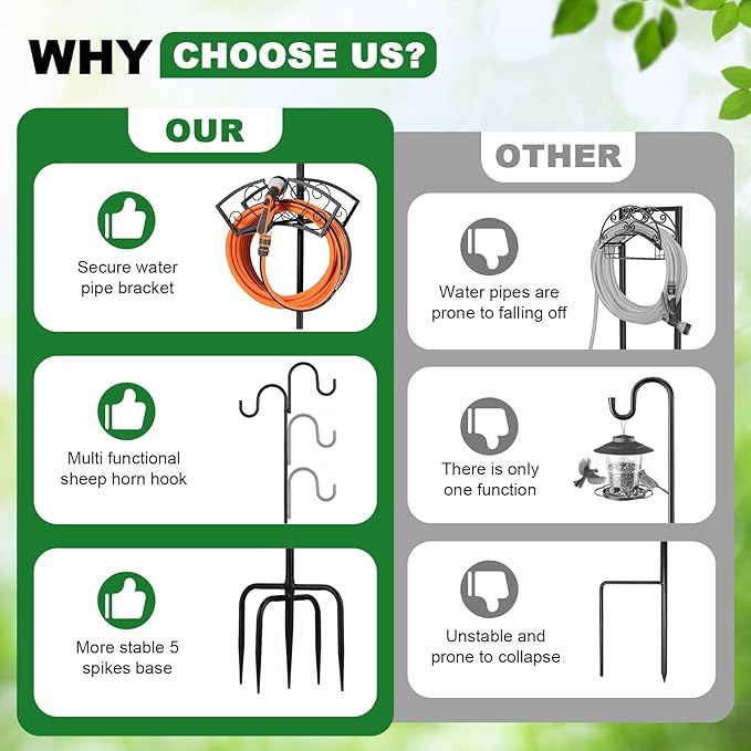 Garden Hose Holder Upgraded Heavy Duty Water Hose Holder Freestanding Hose Stand with 2 Shepherds Hooks Thickened Bird Feeder Pole Detachable Water Pipe Rack Organizer for Outside Yard Lawn