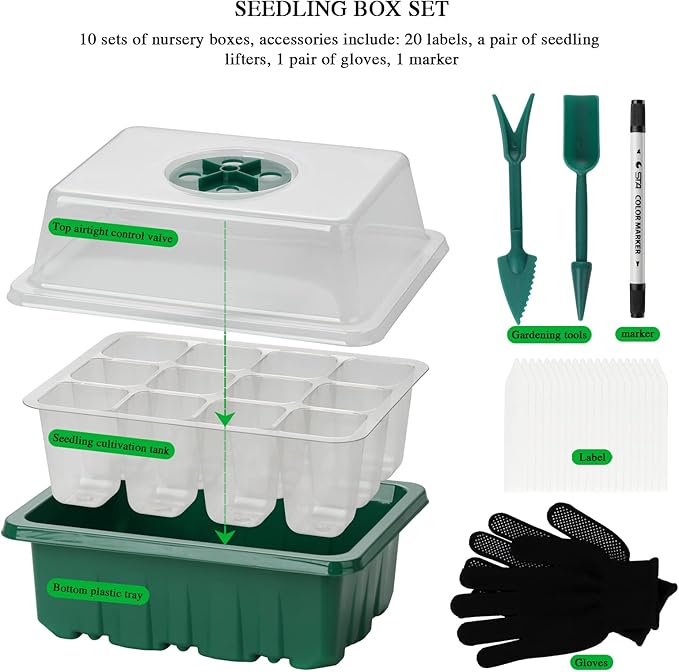 10 Pack Seed Starter Trays Seedling Tray 120 Cells Humidity Adjustable Seed Starter Kit with Dome &amp Base Greenhouse Germination Grow Trays Mini Propagator for Seeds Growing Starting