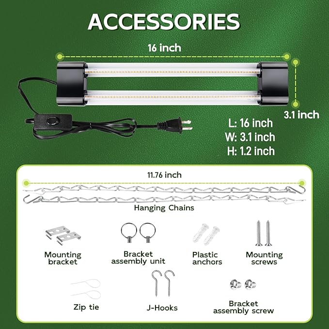 Hlite 16inch 2 Pack LED Grow Lights - Linkable Grow Lights for Indoor Plants Full Spectrum Plant Lights Plug and Hanging Design with On/Off Switch Hanging Grow Light from seedling to Flowering Black