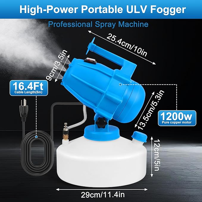 5L (1.3 Gallon) Electric ULV Fogger Sprayer Machine with 3 Nozzles Portable Cold Fogger with Adjustable Flow Rate 30ft Spraying Distance for Home School Hotel Church Garden Yard