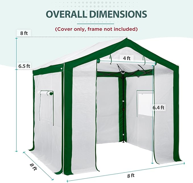 EAGLE PEAK Replacement Cover for 8x6 Portable Pop up Greenhouse with Polyester Reinforced Corners Front Roll-Up Zipper Entry Door and 3 Large Roll-Up Side Windows (Frame Not Included) Green/White