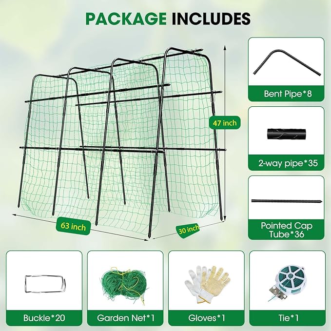 Cucumber Trellis for Raised Bed and Garden 47 H x 63 W U-Shaped Metal Garden Trellis for Climbing Plants with Nylon Netting Vegetable Support Frame