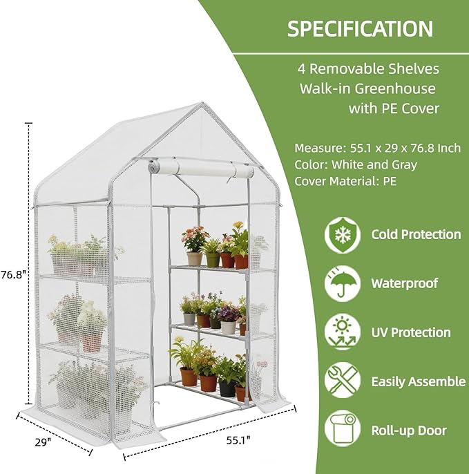 Walk-in Greenhouse 55*29*77in - Heavy Duty Outdoor Plant Shelter with Steel Frame &amp Durable PE Cover Easy Assembly Garden Greenhouses for Patio/Lawn to Protect Plants from Frost &amp Rain