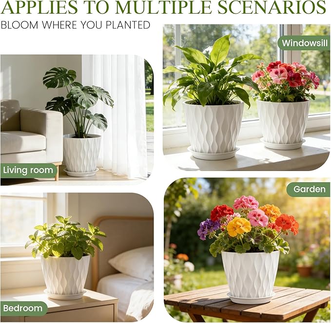 8 Inch Plant Pots with Saucers (4 Pack) - Modern Ribbed Flower Pots for Indoor Plants - Sturdy Decorative Planters for Snake Plant &amp Flowers - Drainage Holes (4 White)