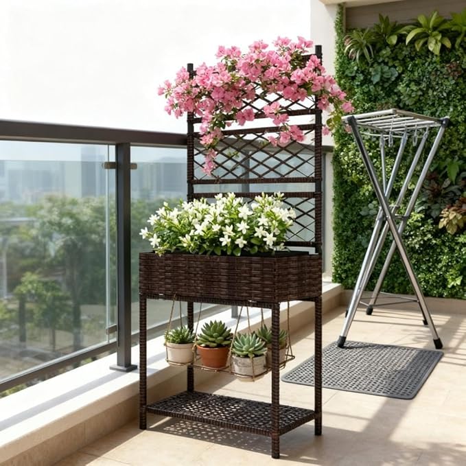 Freestanding Rattan GBoxOutdoor Wicker Planter with for Climbing Plantswith Storage Shelf
