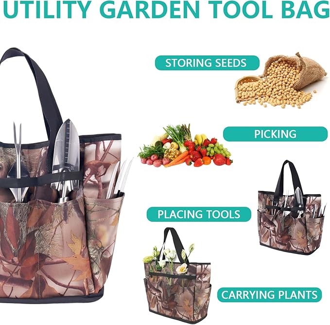 Garden Tool Set 7 Pcs Floral Gardening Set for Women Leaf Camouflage Gardening Kit with Garden Tool Bag Trowel Weeder Fork Hand Rake Pruning Shears Cultivator Transplanter