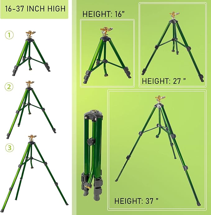 Hourleey Impact Sprinkler on Tripod Base Heavy Duty Brass Sprinklers for Yard Lawn Garden 0-360 Degree Large Area Coverage 3/4 Inch Connector Extension Legs Flip Locks with Brass Sprinkler Head