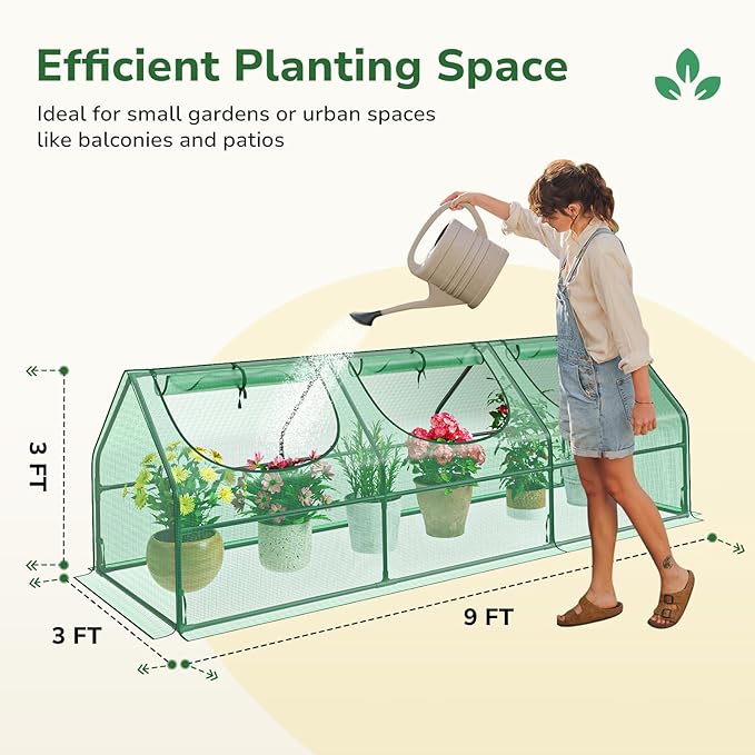 Greatbuddy Portable Mini Greenhouse 3×3×9Ft High-Density PE Plant Cover with 3 Roll-up Zipper Windows Perfect for Outdoor Plant Growing
