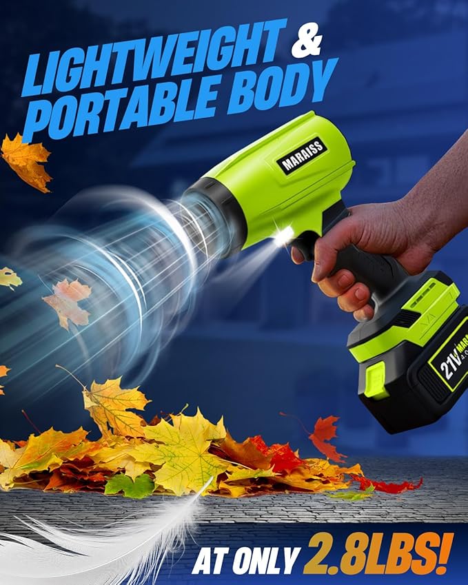 Cordless Leaf Blower with 2 X 4.0A 20000mAh Batteries Brushless Motor Lightweight Low Decibel Turbo Jet Blower with Pro Earplugs for Patio CleaningCar Blowing Water Blowing Leaves and Dust (Green)
