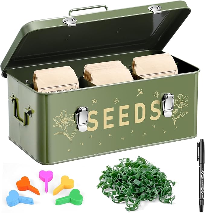 Seed Storage Organizer Box with 4 Compartments Metal Seed Saving Box with Lockable Lid &amp Safety Locks Includes 50 Seed Envelopes 100 Plant Labels 50 Clips &amp Marker (olive green)