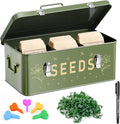 Seed Storage Organizer Box with 4 Compartments Metal Seed Saving Box with Lockable Lid &amp Safety Locks Includes 50 Seed Envelopes 100 Plant Labels 50 Clips &amp Marker (olive green)
