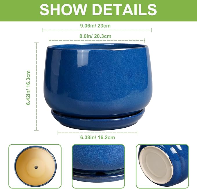 G EPGardening Ceramic Pots for Plants 9 Inch Modern Round Planter with Drainage and Tray Indoor Outdoor for Flower Patio Decor Housewarming Gifts Blue