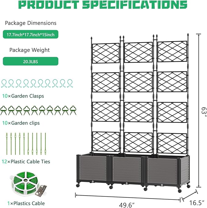DoCred 63 H Raised Garden Bed Planter Box with Trellis Floorstanding Vertical Horticulture Planter Box Tomato Cage with Wheels for Vine Climbing Plants Flowers Herbs