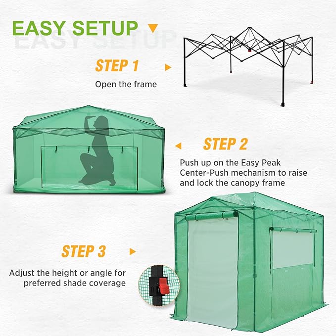 EAGLE PEAK 8x6 Portable Walk in Greenhouse Pop Up Indoor Outdoor Greenhouse Green House Kit with Zippered Roll-Up Doors and Windows + Mesh Lined Door PE Cover Clear/Green