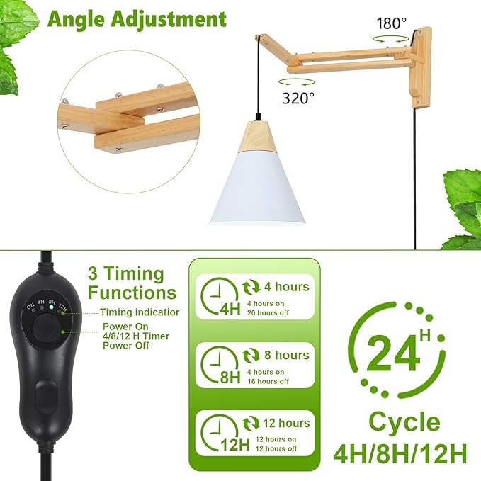 HMVPL Hanging Plant Light for Indoor Growing Full Spectrum Grow Lights for Indoor Plants with 20W COB Grow Light Bulb Wall Mounted Plant Light with Swing Arm 4/8/12H Timer for Large Small Plant