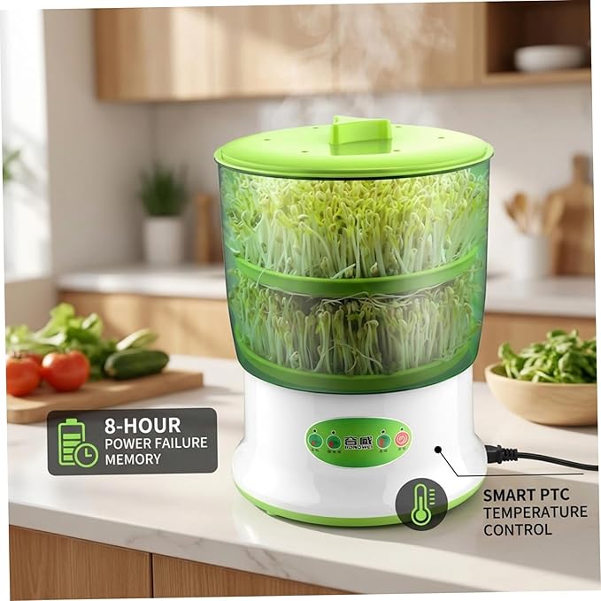 Bean Sprouts Grow Kit 2-Tier Large Capacity Seed Sprouting Kit with 360° Spray 3 Modes for Indoor Gardening Green Sprout Growing