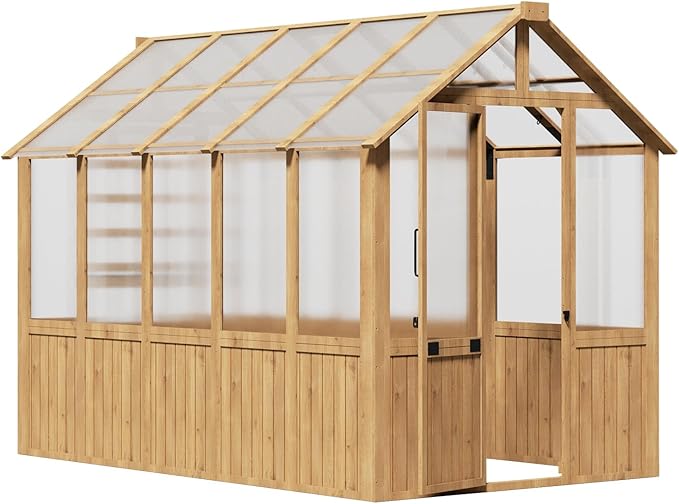 EBE 6'x10' Greenhouse for Outdoor Wooden Walk-in Greenhouse with Polycarbonate Panel and Adjustable Roof Vent Garden Greenhouses for Patio Yard and Backyard