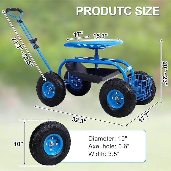 Donext Garden Cart Outdoor Rolling Garden with Wheels 360 Degree Swivel Seat Wagon Scooter with Steering Handle &amp Utility Tool Tray Blue