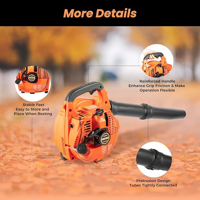 Gas Blower Commercial 25.4CC 2 Stroke Gas Powered Leaf Blower 7500RPM Gasoline Handheld Grass Blower Noise 90dB Hand Pull Start Best Gas Leaf Blower for Lawn Care Snow Blowing