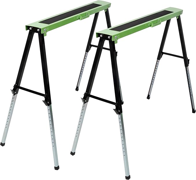 2-Pack Heavy Duty Folding Saw Horses Adjustable Work Stand with 12 Height Settings &amp 660lbs Capacity Fully Assembled Steel Frame for Workshop Garage Construction and DIY Projects