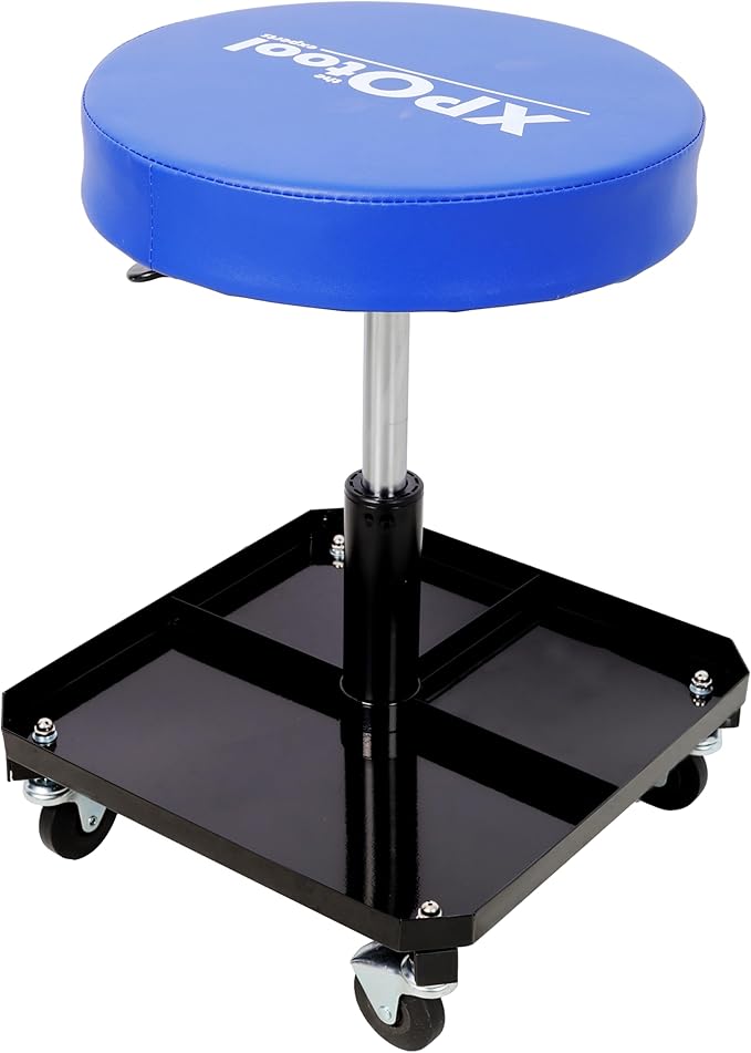 250 LBS Heavy-Duty Rolling Pneumatic Creeper Garage Stool - Adjustable Height (16.5-21) Durable Tool Tray Storage 360° Swivel Casters Ergonomic Cushioned Seat