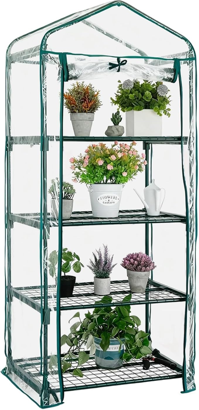 Mini Greenhouse for Indoor Outdoor Small Plants Green House with 4 Tier Shelves Portable Plastic Greenhouses with Transparent PVC Cover for Garden Backyard Patio Balcony Porch