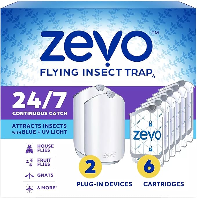 Zevo Flying Insect Trap Fly Trap Fruit Fly Trap (2 Plug-in Bases + 6 Refill Cartridges)