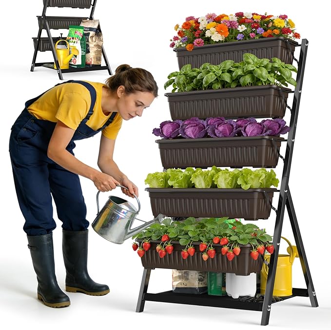 5-Tier Vertical Garden Bed Planter Boxes with Drainage System &amp Storage Space Freestanding Vertical Garden Planter with 5 S-Hooks for Plants Vegetables Flowers Herbs in Garden Patio Yard