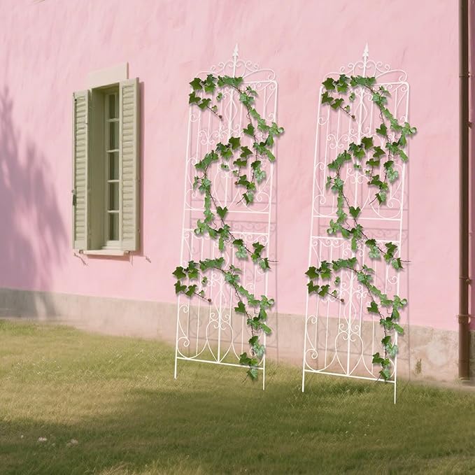 2 Pack Metal Garden Trellis Panel 93 H x 26 W Outdoor Decorative Flower Arched Fence Trellis for Climbing Plants Patio Wall Panel Climbing Rose Support for Yard Lawn (White)