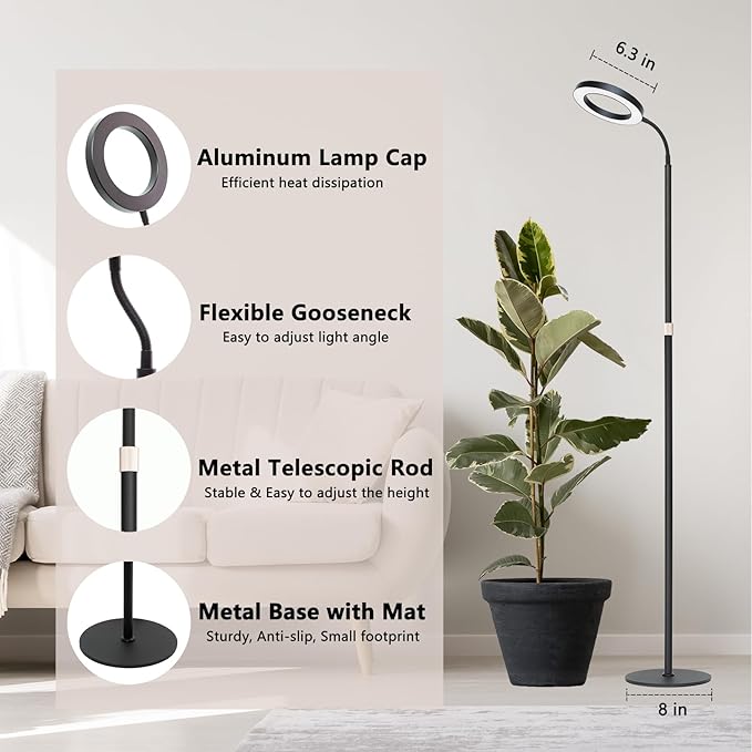 Grow Light for Indoor Plants Full Spectrum LED Halo Plant Lights with Stand Floor Standing Growing Lamp with Adjustable HeightAuto Timer for Tall Large Plant (20W-Black)