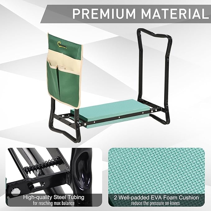 Garden Kneeler Seat Stool Bench Kneeling Pad and 1 Large Side Tool Pouch &amp Easy Folding Design for Transport &amp Storage