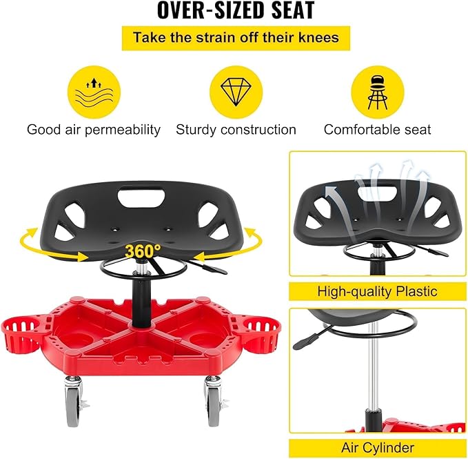 Rolling Garage Stool 300Lbs Capacity Adjustable Height 18-23In 360° Swivel Wheels 4 Large Tool Tray with Two Bottle Holders for Workshop Auto Repair Shop Red