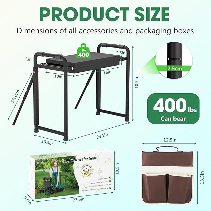 Heavy Duty Garden Kneeler &amp Seat with Support Legs 400lbs Capacity Foldable Gardening Stool Extra Thick Pad &amp Large Tool Organizer Bag Ergonomic for Seniors - Dark Black