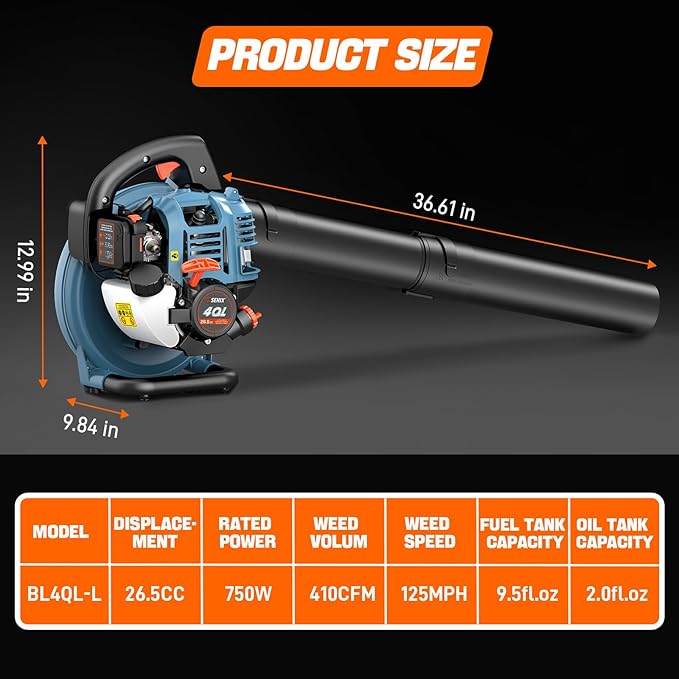 SENIX 4QL 26.5 cc 4-Cycle Handheld Gas Powered Leaf Blower for Lawn Care Clean Up Up to 410 CFM and 125 MPH Light Weight Dual Grip Handle BL4QL-L Blue
