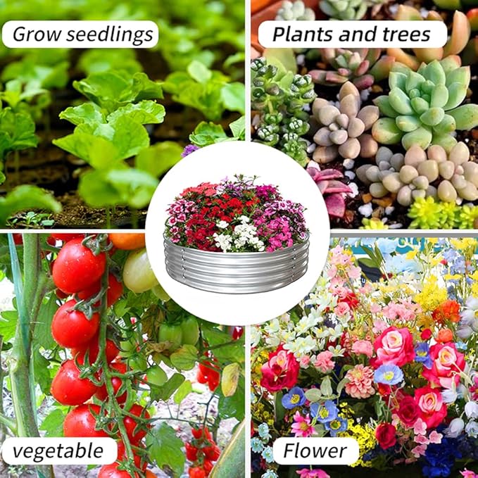 4 ft Galvanized Steel Round Raised Garden Bed Large Outdoor Metal Planter Box Big Flower Plant pots for Patio Backyard Porch Deck Planting Flowers Vegetables and Herbs (Silver 4 ft)