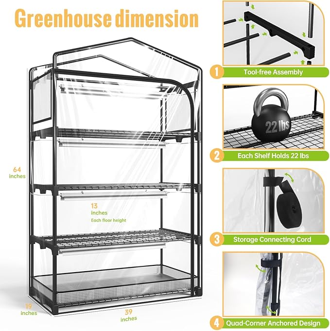 Indoor Greenhouse with Grow Light 4-Tier Plant Shelf with T5 1.6FT 32W Full Spectrum LED Grow Light for Seed Starting Succulent Settable Timer Socket 39 L x 19 W x 64 H