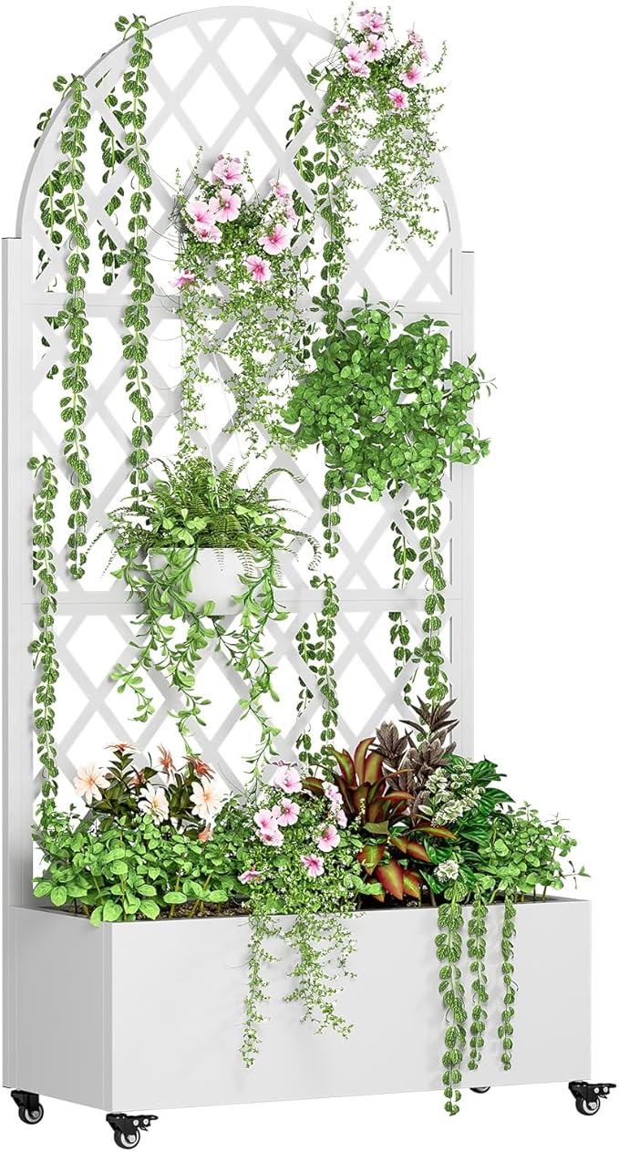 Galvanized Steel Planter Box with Trellis 72.8 H Vertical Garden &amp Privacy Screen Space-Saving Design with Wheels and Drainage Holes for Outdoor Rust-Resistant Raised Garden Bed Black