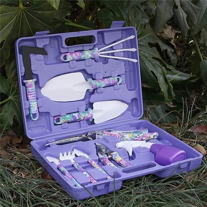 Garden Tools Set 10 Pieces Gardening Tools Garden Hand Tools with Purple Floral Print Ergonomic Handle &amp Carrying Case (Color : Blue)