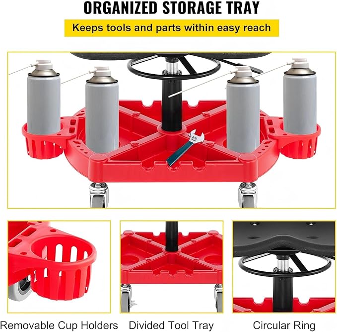 Rolling Garage Stool 300Lbs Capacity Adjustable Height 18-23In 360° Swivel Wheels 4 Large Tool Tray with Two Bottle Holders for Workshop Auto Repair Shop Red
