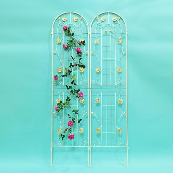 Metal Garden Trellis for Climbing Plants (2-Pack) – 86.7'' Tall x 19.7'' Wide Rustproof Design with Decorative Bird+Flower Accents | Perfect for Cucumbers Beans Vegetable Support (Cream White)