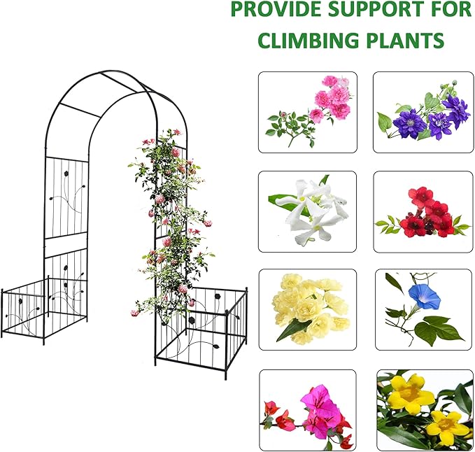 Outdoor Metal Garden Arch 79.5''W x 86.6''H Garden Arch Trellis for Climbing Plants with Two Side Planter Stand for Rose Morning Glory Jasmine
