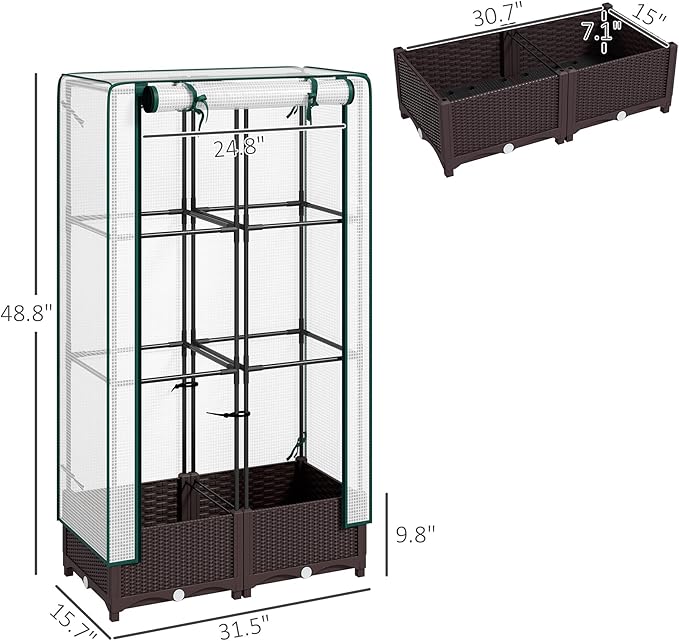 Outsunny Plastic Raised Garden Bed with Trellis Outdoor Planter Box with PE Greenhouse Cover Drainage Holes and Zipper Door for Climbing Plants Herbs and Vegetables 31.5 x 15.7 x 48.8 Brown