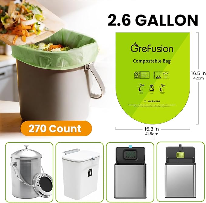 GreFusion Compostable Trash Bags Small 2.6 Gallon 270 Count 0.72 Mils Thick Eco Friendly ASTM D6400 &amp BPI Certified Composts Food Scraps No Leaks