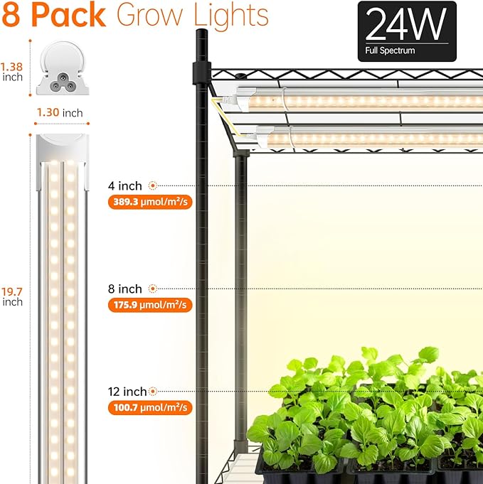 Bstrip 71 Indoor Greenhouse with Grow Light 6-Tier DIY Plant Shelf with Adjustable Rack and Wheels 8-Pack 192W Full Spectrum LED Plant Light for Indoor Plants Seed Starting (29.5 L x 13.8 W)