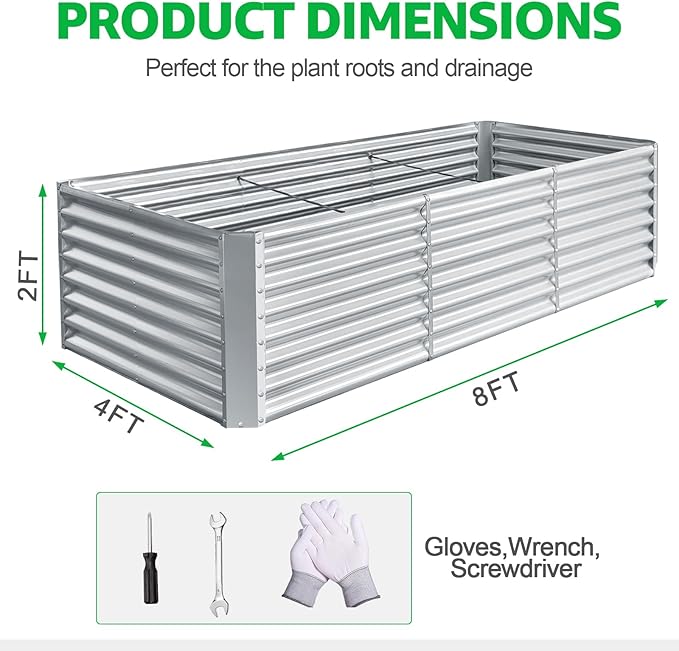 8x4x2FT Galvanized Raised Garden BedOutdoor Planter Box Patio Kit Planting Bed for Vegetables Flowers HerbSilver 1 Pack