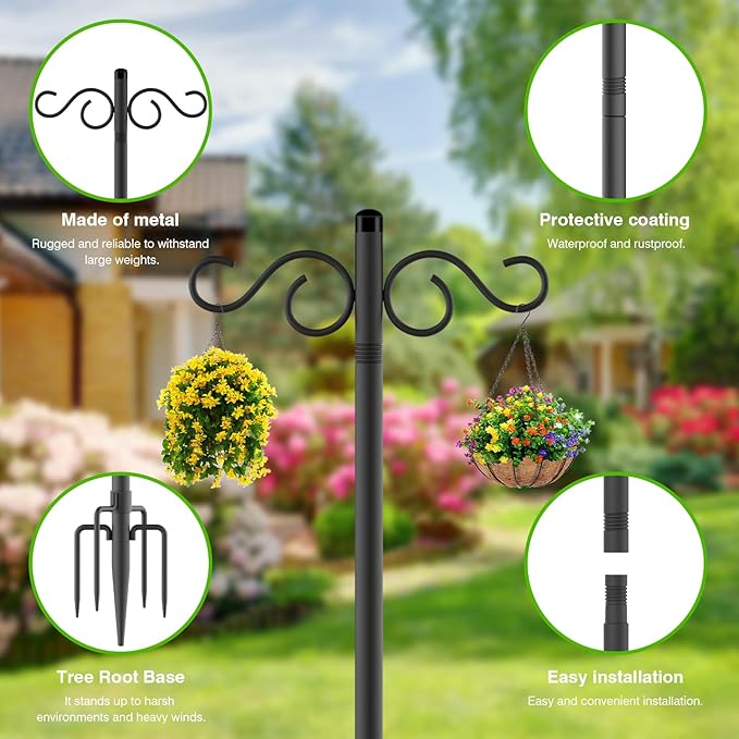 Double Shepherds Hooks for Outdoor2 Pack 90 Inch Bird Feeder Pole with 5 Prongs BaseHeavy Duty Shepherds HookSuitable for Garden in Hanging Flower BasketLanternBird Nests (90 Inch)